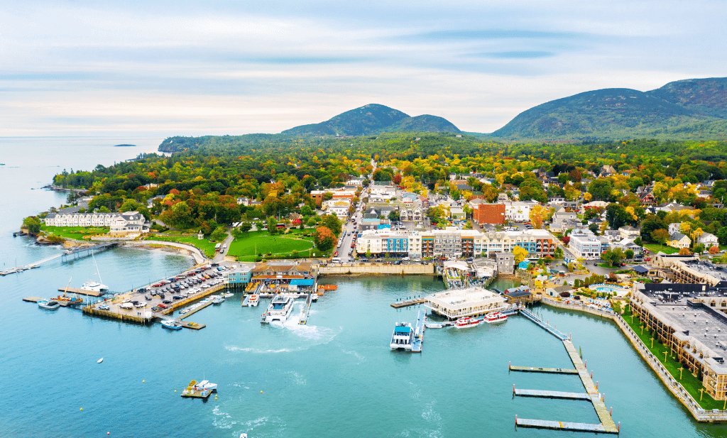 Aerial view of bar harbor is a great place to go after you get your medical marijuana card