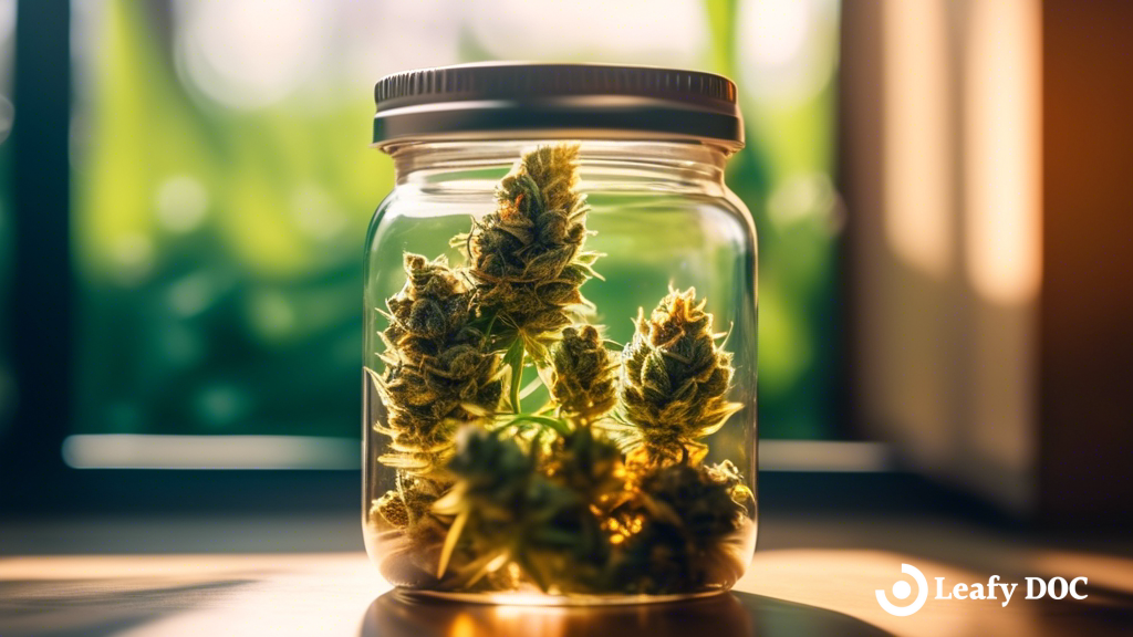 Glass jar filled with various strains of cannabis buds, illuminated by bright natural light, showcasing different colors and textures for the best cannabis strains for sleep