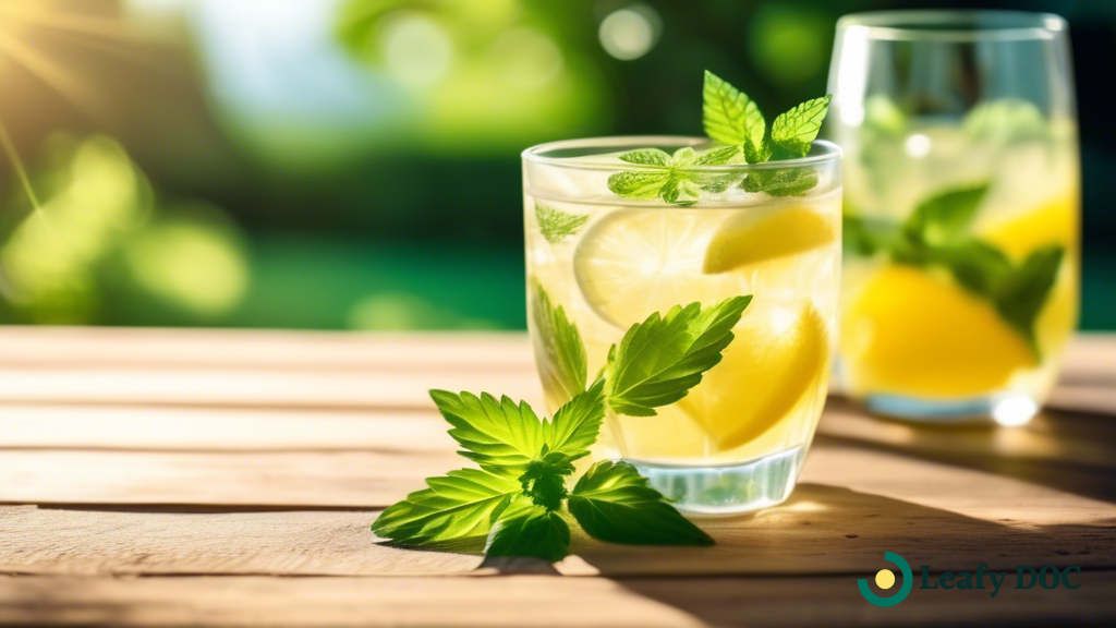 A glass of sparkling cannabis-infused lemonade with ice cubes, garnished with fresh mint leaves, on a rustic wooden table in a backyard setting under bright sunlight.