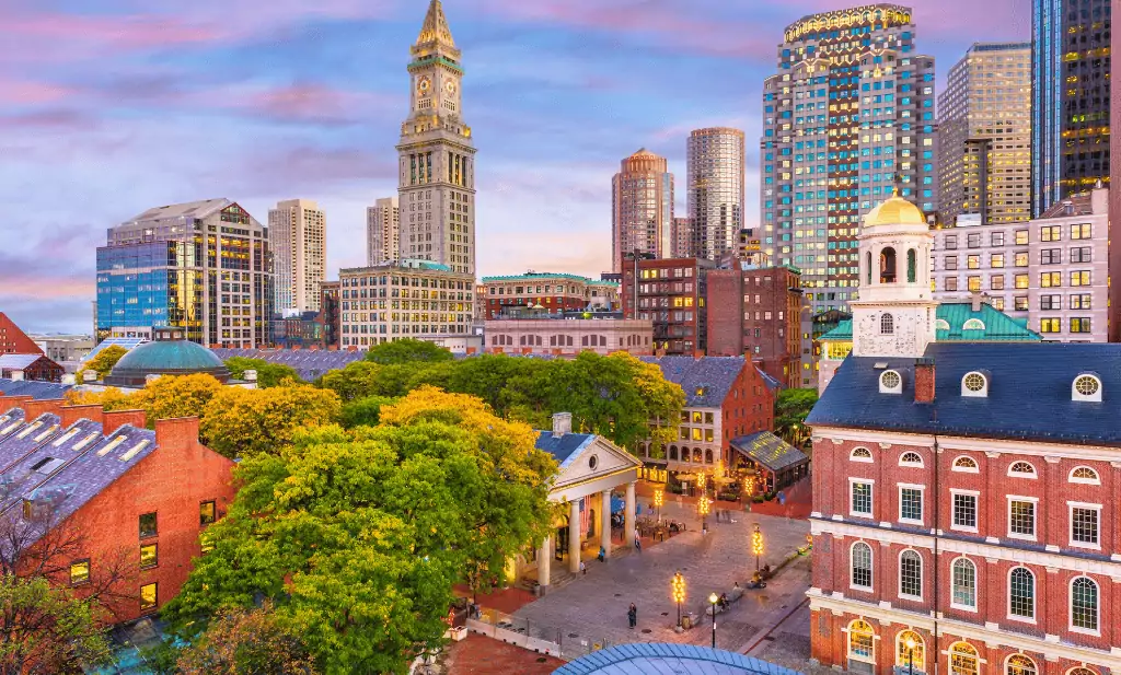boston massachusetts skyline over quincy market is a great place to visit after getting your medical card