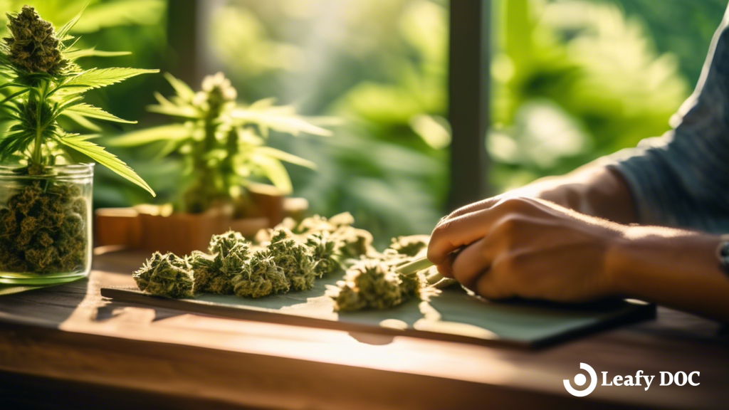 A person sitting on a sunny porch, rolling a joint with a tray of different cannabis strains, surrounded by lush green plants.