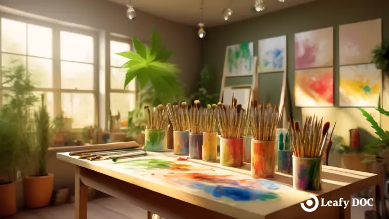 Serene art studio bathed in golden sunlight with vibrant paintbrushes and cannabis leaves artfully arranged on a table, representing the harmonious connection between colors, cannabis, and the healing power of art therapy.