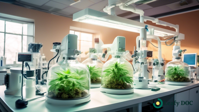 Cutting-edge cannabis research lab flooded with warm sunlight, showcasing scientists exploring advancements in cancer treatment.