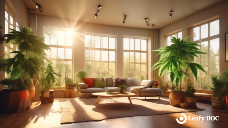 Captivating cannabis-inspired living space bathed in radiant sunlight, accentuating intricate textures, vibrant colors, and the inviting warmth it exudes.