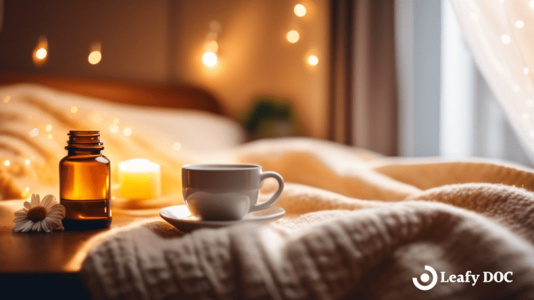 Cozy bedroom setting with a person peacefully sleeping under a warm blanket, beside a dimly lit bedside table with a small jar of CBD oil and a cup of chamomile tea, exploring the connection between cannabis and insomnia