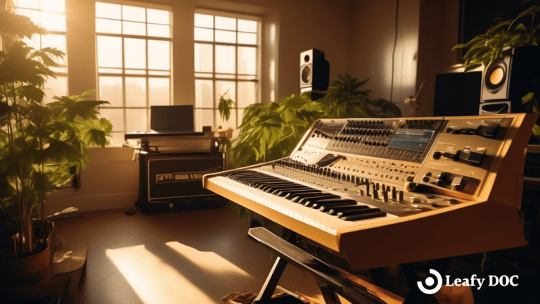 Close-up of a music producer's studio setup, illuminated by golden sunlight, featuring instruments, a mixing console, and a vibrant cannabis plant.