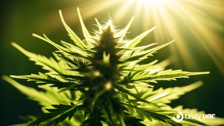 Capturing the Serene Beauty of Cannabis: A vibrant photograph showcasing the delicate trichomes and lush green leaves of a cannabis plant, bathed in the golden rays of natural sunlight.