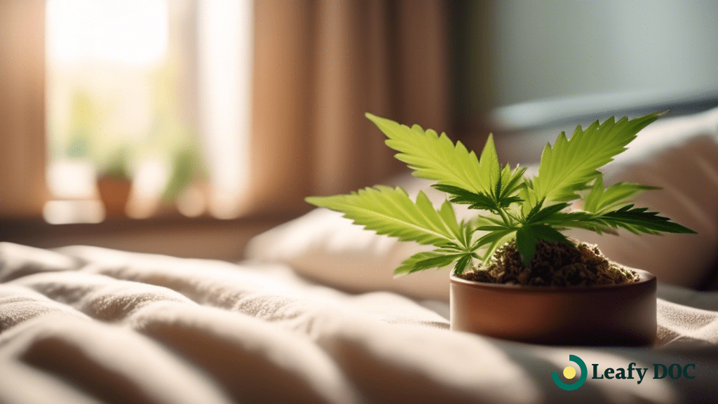 A person peacefully laying in bed in a cozy bedroom with a small cannabis plant on the bedside table, bathed in soft natural light from a window.