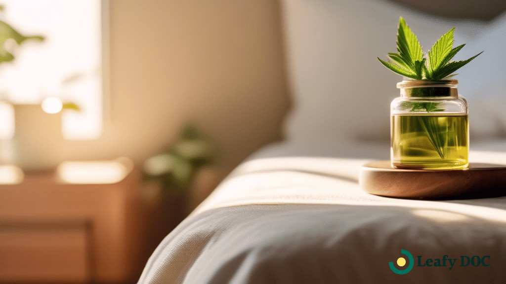 A person peacefully sleeping in a sunlit bedroom with a small vial of CBD oil on their nightstand, showcasing a calm and relaxing environment for managing sleep disorders with cannabis.
