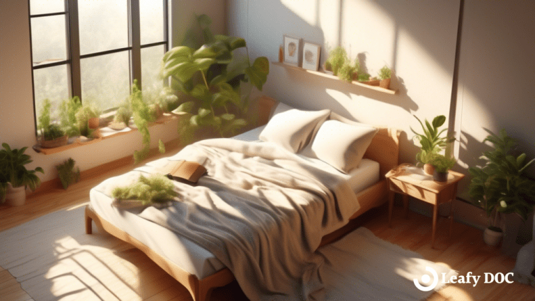 Alt text: Serene bedroom bathed in natural light from large windows, featuring a cozy bed with soft blankets, plants adding a touch of greenery, and a book on sleep disorders, hinting at the topic of cannabis and sleep disorders research.