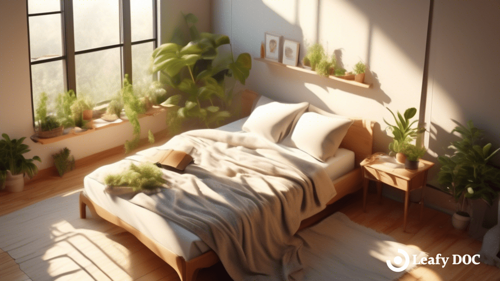 Alt text: Serene bedroom bathed in natural light from large windows, featuring a cozy bed with soft blankets, plants adding a touch of greenery, and a book on sleep disorders, hinting at the topic of cannabis and sleep disorders research.