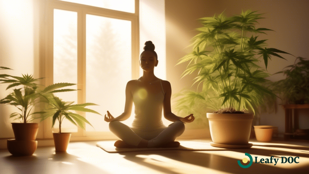 Serene sunlit room with a person meditating beside a potted cannabis plant, symbolizing the harmonious blend of cannabis and transcendental meditation.