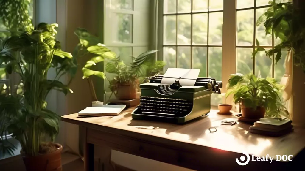 Serene writing space bathed in sunlight, with lush green plants and a typewriter on a wooden desk