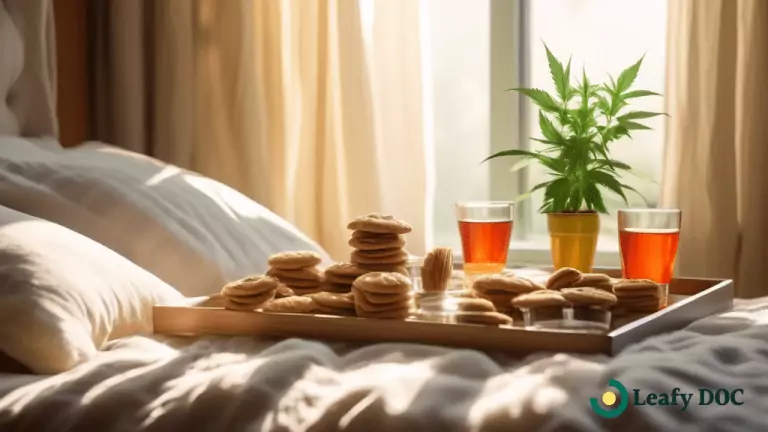 Inviting bedroom scene with soft morning sunlight streaming through sheer curtains, illuminating a neatly made bed adorned with a tray of cannabis-infused sleep-enhancing treats, such as cookies and gummies, alongside a cup of herbal tea.