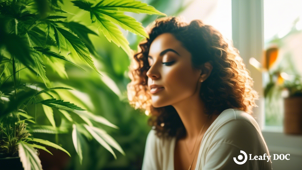 Person sitting in a sunny room surrounded by green plants, peacefully using cannabis for anxiety relief in bright natural light