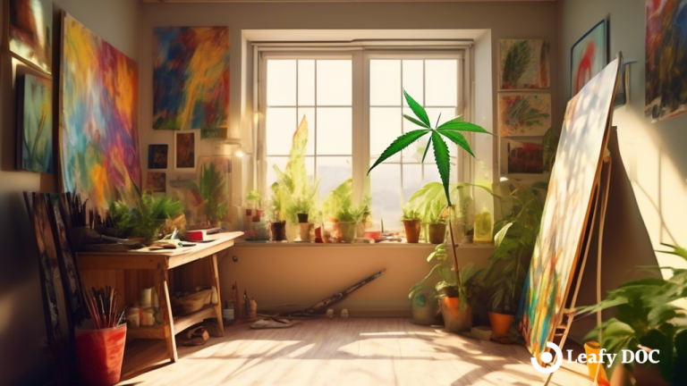 Discover the perfect blend of artistic inspiration and natural light in a sun-drenched studio space adorned with vibrant paintbrushes, colorful canvases, and a single cannabis leaf peeking through a sunlit window. Unleashing creativity with cannabis for artistic inspiration.