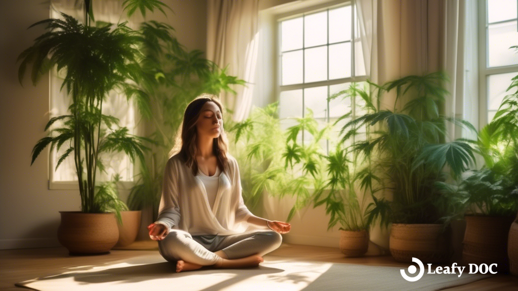 Serene scene of a sunlit room with a person in cross-legged position, surrounded by lush green plants. Perfect ambiance for cannabis-infused mindfulness meditation.