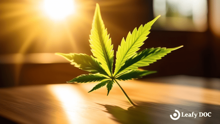 Close-up photo of a hand holding a vibrant green cannabis leaf illuminated by golden sunlight, casting soft shadows on a wooden table.