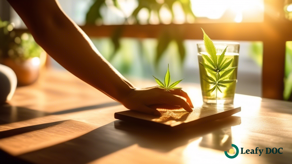Person stretching in a sunlit room with a glass of water and a cannabis plant on a wooden table nearby, perfect for post-workout recovery