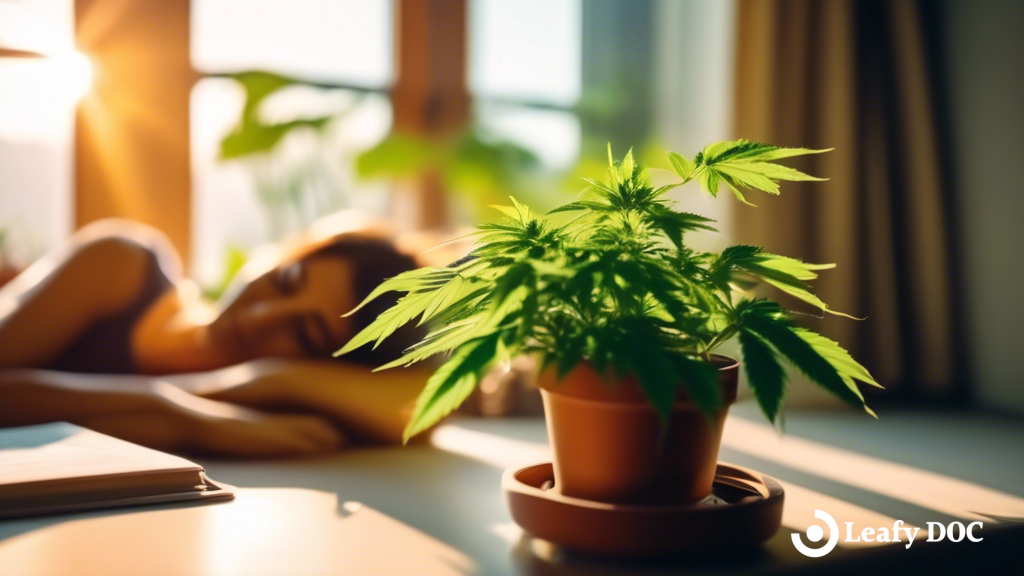 Person peacefully sleeping in a sunlit room with a potted cannabis plant on a windowsill, promoting improved sleep with cannabis