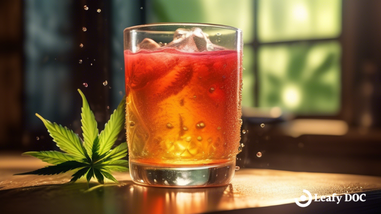 Indulge in the vibrant world of cannabis-infused beverages, with a refreshing glass brimming with colorful, glistening droplets of condensation, illuminated by radiant sunlight.