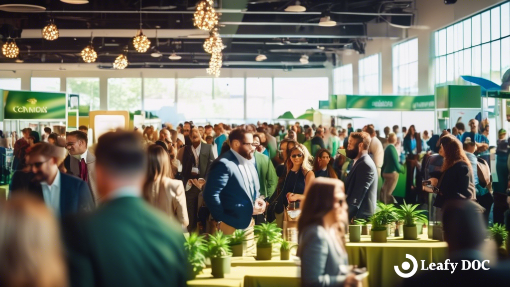 Vibrant cannabis job fair event with natural sunlight streaming through window, showcasing booths and people networking in the bustling industry