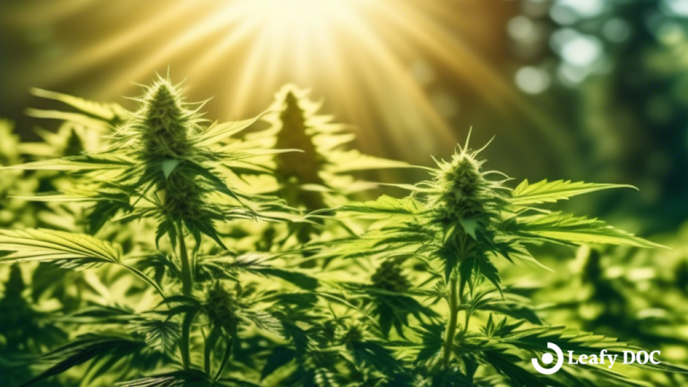 Vibrant sunlit cannabis field with lush green leaves, inviting contemplation on the ongoing cannabis legalization debate