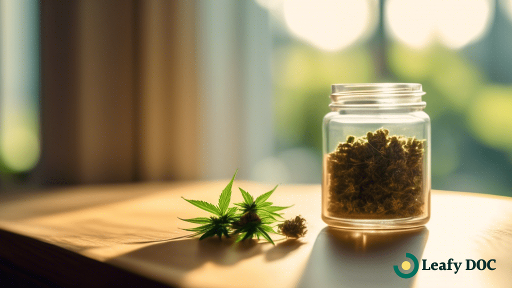 Alt text: A close-up photo of a hand holding a small jar of cannabis microdoses in front of a sunlit window, showcasing the natural glow and therapeutic potential for pain management.