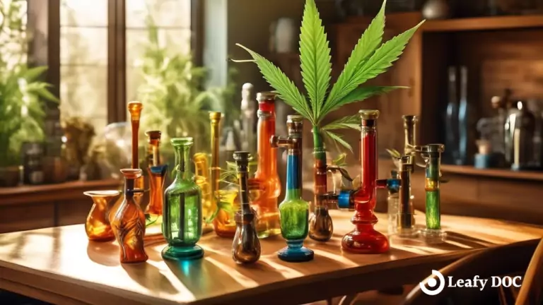 An inviting patio table adorned with a colorful array of cannabis pipes and bongs, illuminated by vibrant natural light.