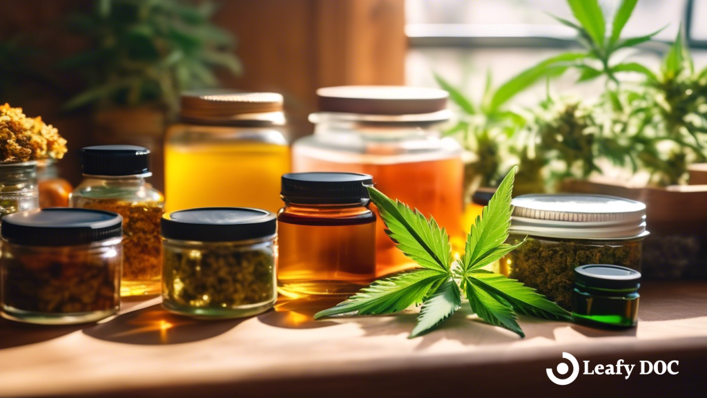 An overhead shot of a table filled with a variety of cannabis products including edibles, oils, and dried flower, illuminated by bright natural light streaming through a window