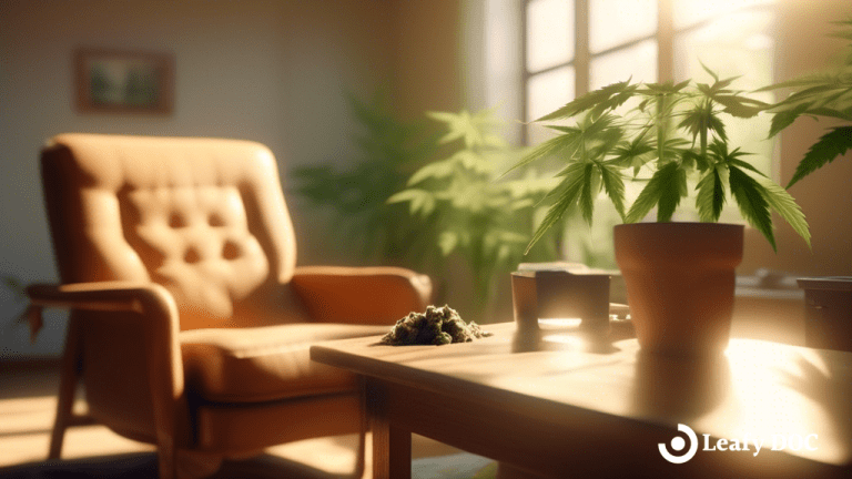 Serene sunlit room with a cozy armchair, where a pain patient peacefully consumes safe cannabis products in a bright natural light.