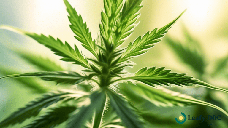 Discover the Top Cannabis Strains for Soothing Anxiety - Close-up photo of a sunlit cannabis plant with vibrant green leaves, showcasing glistening trichomes in bright natural light, evoking tranquility and calmness.