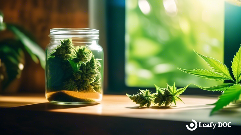 Close-up of a hand holding a jar of vibrant green cannabis buds, bathed in bright natural light streaming through a window, casting soft shadows on the textured surface, perfect for showcasing cannabis strains for arthritis pain management.