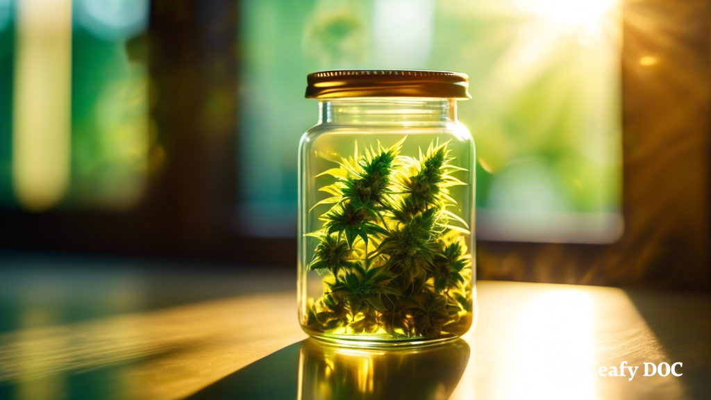 Close-up shot of a glass jar filled with vibrant green cannabis buds, bathed in golden sunlight, showcasing crystal trichomes and rich colors. Perfect for deep relaxation.