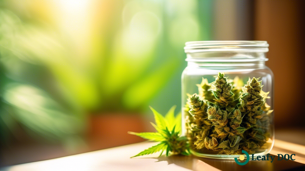 A close-up shot of a glass jar filled with vibrant green sativa buds, bathed in bright sunlight streaming through a window, showcasing the texture and color of the cannabis strain perfect for exercise.
