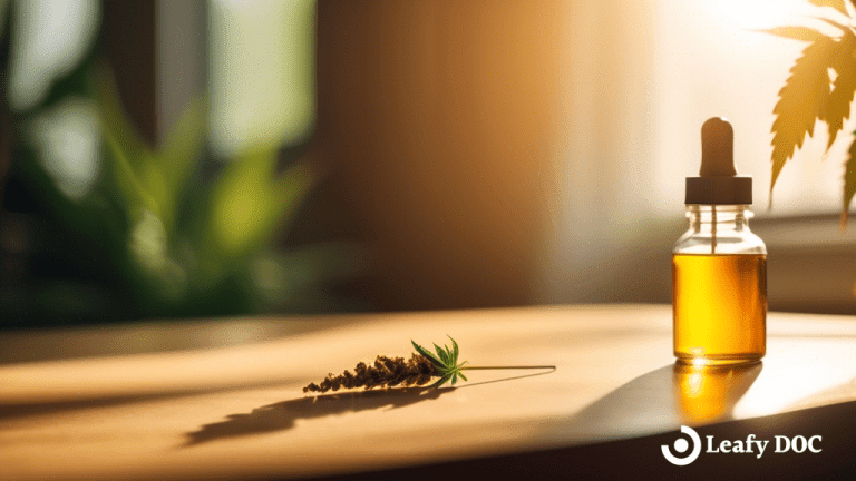 A close-up shot of a dropper filled with golden cannabis tincture, placed on a bedside table in soft morning light, promoting relaxation and calm for better sleep.