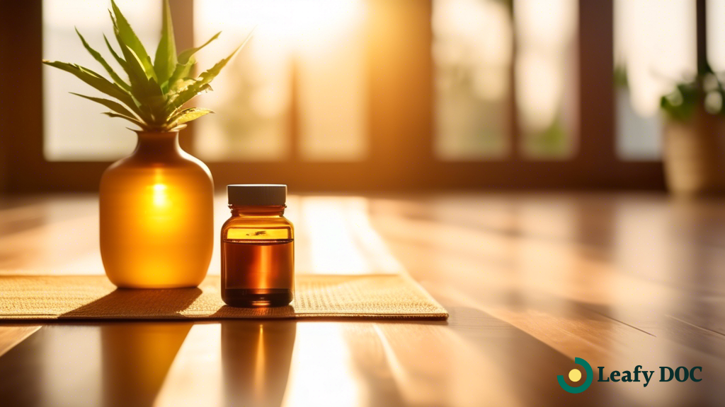 A serene yoga studio with a mat, a plant, and a jar of CBD oil on a wooden floor, illuminated by golden sunlight
