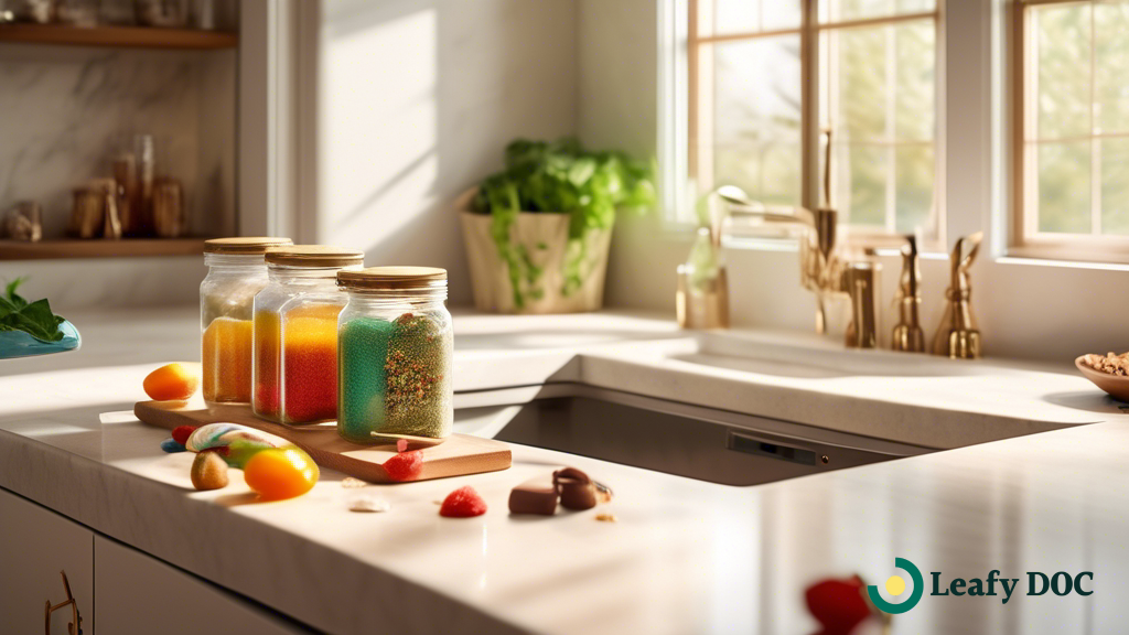 Indulge in the vibrant assortment of mouthwatering CBD edibles displayed on a sunlit kitchen countertop, exuding a sense of wellness and delight.