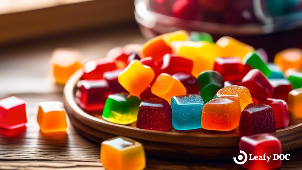 Colorful assortment of CBD-infused gummies and chocolates displayed on a rustic wooden table, illuminated by natural light from a nearby window
