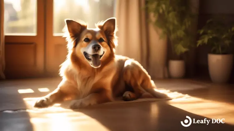Happy dog enjoying the calming effects of CBD for pets as sunlight streams through a window, creating a serene atmosphere.