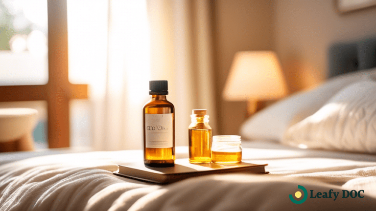 Serene bedroom scene with sunlight streaming through sheer curtains, illuminating a bedside table with a bottle of CBD oil and a book, creating a peaceful atmosphere for CBD for sleep blog post