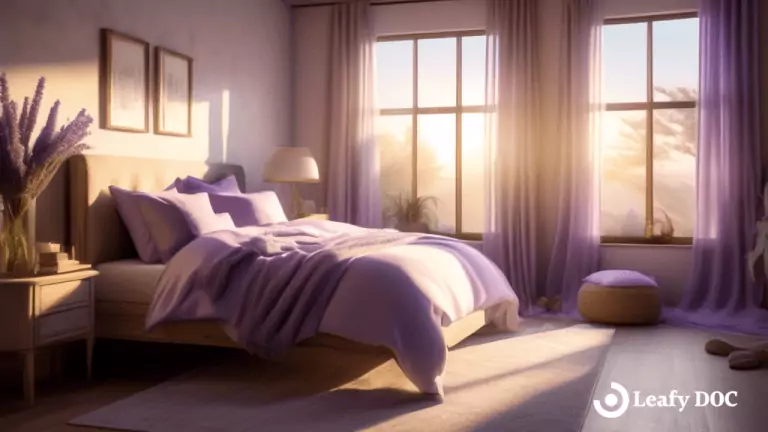 Serene bedroom at dawn, bathed in warm sunlight through sheer curtains, showcasing a cozy bed with fluffy pillows and a lavender-infused CBD sleep aid, promoting natural sleep improvement and tranquility.