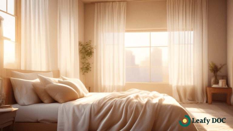 Transform your sleep routine with CBD-infused sleep mask on a beautifully made bed illuminated by soft morning sunlight