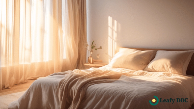 Serene bedroom at dawn with soft sunlight streaming through sheer curtains, showcasing the tranquil atmosphere perfect for discussing the effectiveness of CBD oil in treating sleep disorders.