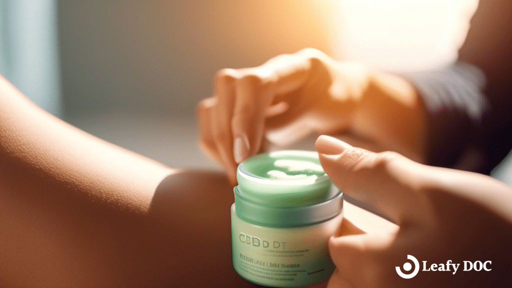 Close-up of hand applying CBD topical cream to knee in sunlit room, showcasing natural ingredients and soothing benefits of CBD topicals