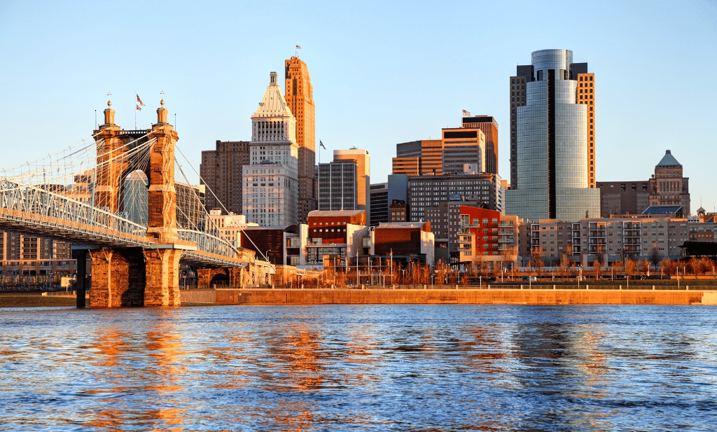 Cincinnati skyline along the water with buildings and bridge is a great place to visit after getting your medical card