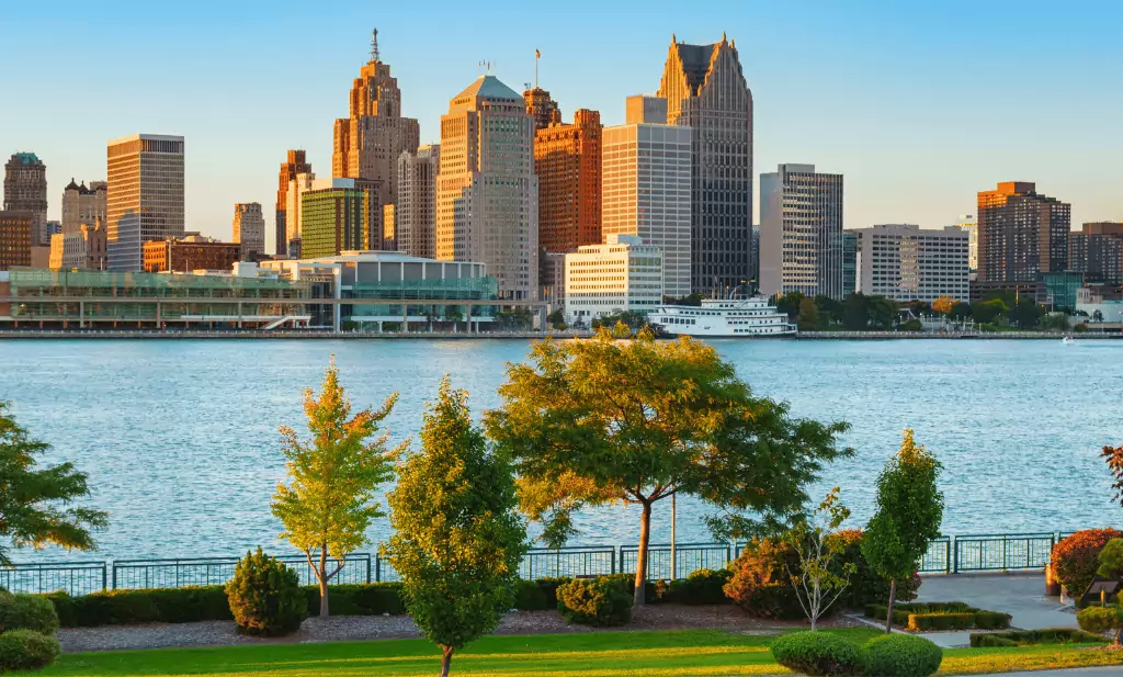 Downtown Detroit city along the detroit river is a great place to visit after getting your medical card