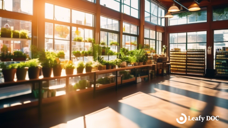 Vibrant image of a busy dispensary storefront on a sunny day, showcasing well-organized displays and cheerful customers browsing products in the bright natural light