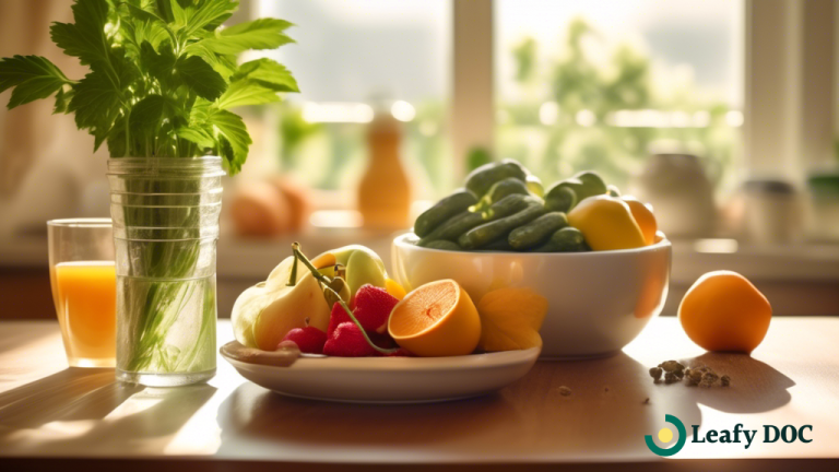 Fresh and healthy breakfast spread with fruits, vegetables, and water on a sunlit kitchen table, discussing the impact of weed on weight gain.