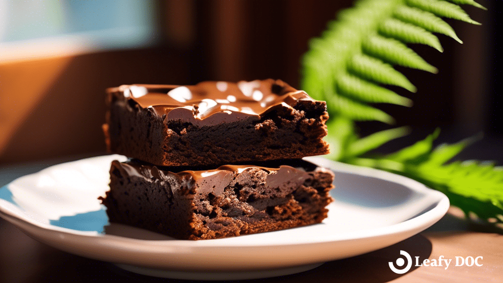 Decadent cannabis-infused brownies on a beautifully styled plate, glistening under natural light